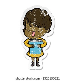 distressed sticker of a cartoon woman talking