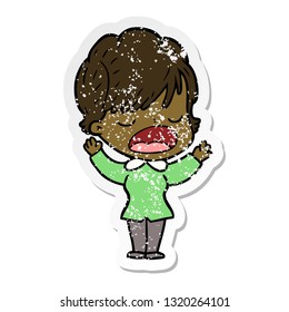 distressed sticker of a cartoon woman talking