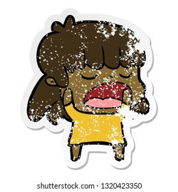 distressed sticker of a cartoon woman talking loudly