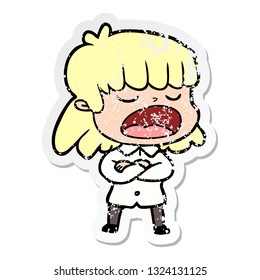 distressed sticker of a cartoon woman talking loudly