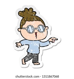 distressed sticker of a cartoon woman wearing spectacles