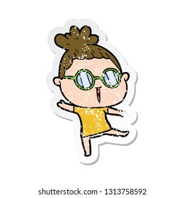 distressed sticker of a cartoon woman wearing spectacles