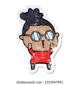distressed sticker of a cartoon woman wearing spectacles
