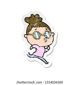 distressed sticker of a cartoon woman wearing glasses