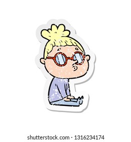 distressed sticker of a cartoon woman wearing glasses