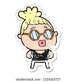 distressed sticker of a cartoon woman wearing spectacles