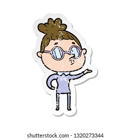 distressed sticker of a cartoon woman wearing glasses