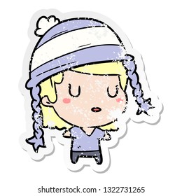 distressed sticker of a cartoon woman wearing hat
