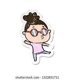 distressed sticker of a cartoon woman wearing glasses