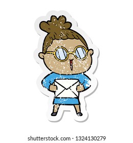 distressed sticker of a cartoon woman wearing spectacles