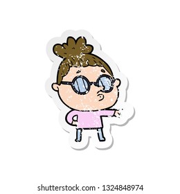 distressed sticker of a cartoon woman wearing glasses
