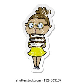 distressed sticker of a cartoon woman wearing spectacles