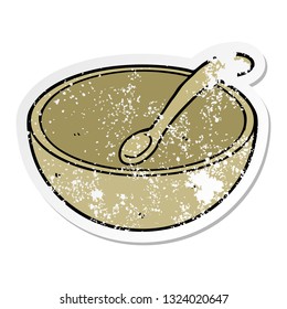 distressed sticker of a cartoon wooden bowl and spoon