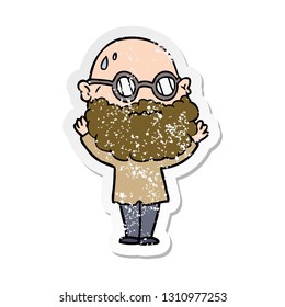 distressed sticker of a cartoon worried man with beard and spectacles