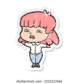 distressed sticker of a cartoon worried woman