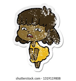 distressed sticker of a cartoon worried woman