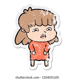 distressed sticker of a cartoon worried woman