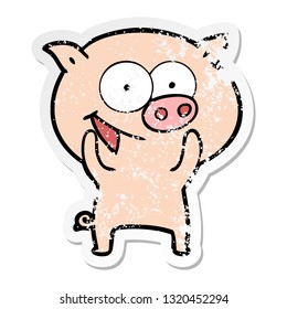 distressed sticker of a cheerful pig cartoon