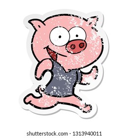 distressed sticker of a cheerful pig exercising cartoon