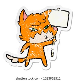 distressed sticker of a clever cartoon fox