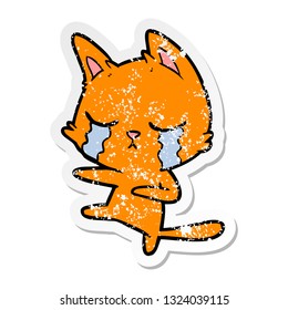 distressed sticker of a crying cartoon cat dancing