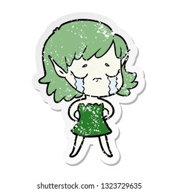 pegatina angustiada de una chica elfo de caricatura que llora