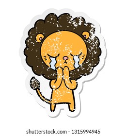 distressed sticker of a crying cartoon lion