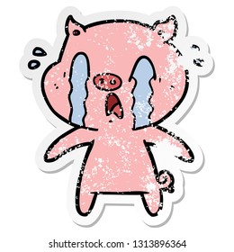 distressed sticker of a crying pig cartoon