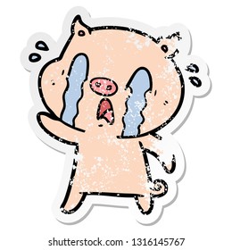 distressed sticker of a crying pig cartoon