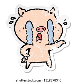 distressed sticker of a crying pig cartoon