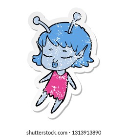 distressed sticker of a cute alien girl cartoon