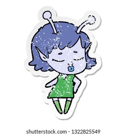 distressed sticker of a cute alien girl cartoon