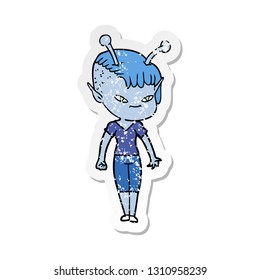 distressed sticker of a cute cartoon alien girl