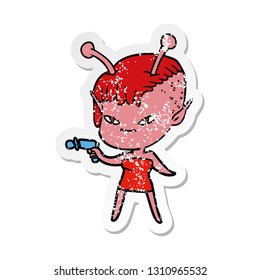 distressed sticker of a cute cartoon alien girl