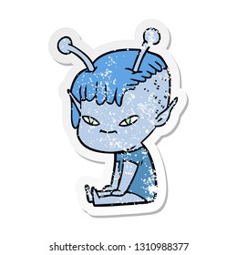 distressed sticker of a cute cartoon alien girl