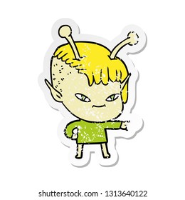 distressed sticker of a cute cartoon alien girl