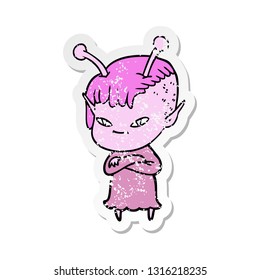 distressed sticker of a cute cartoon alien girl