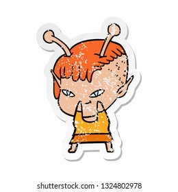 distressed sticker of a cute cartoon alien girl