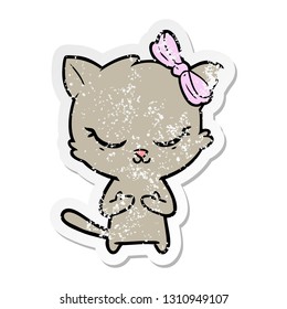 distressed sticker of a cute cartoon cat with bow