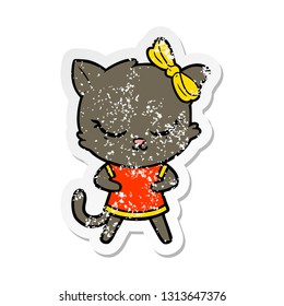 distressed sticker of a cute cartoon cat with bow