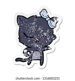 distressed sticker of a cute cartoon cat with bow