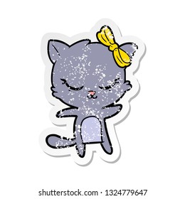 pegatina angustiada de un lindo gato de dibujos animados con arco