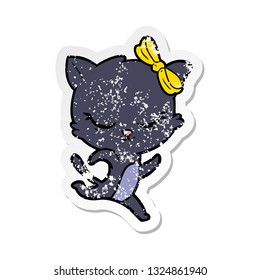 distressed sticker of a cute cartoon cat with bow running