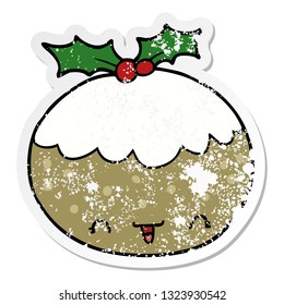distressed sticker of a cute cartoon christmas pudding