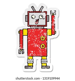 distressed sticker of a cute cartoon crazy robot