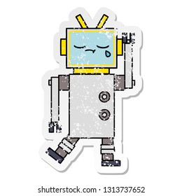 distressed sticker of a cute cartoon crying robot