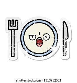 distressed sticker of a cute cartoon dinner plate