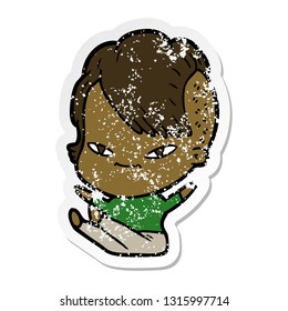 distressed sticker of a cute cartoon girl with hipster haircut