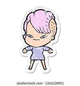 distressed sticker of a cute cartoon girl with hipster haircut