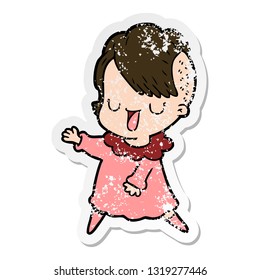 distressed sticker of a cute cartoon girl with hipster haircut